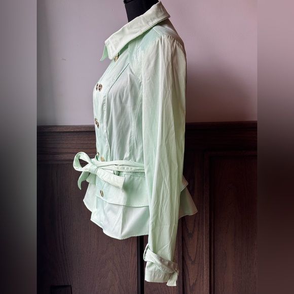 White House Black Market mint green ruffle trench jacket size large - Picture 5 of 9